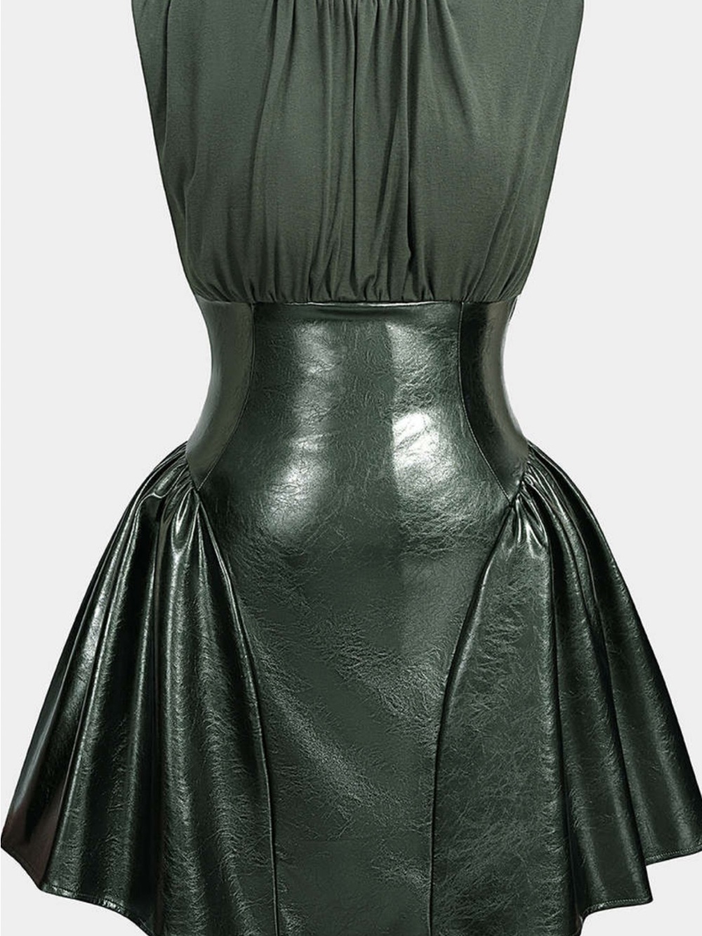 NWOT Faux Leather Patchwork Ruched Sleeveless Mini Dress - Picture 3 of 6